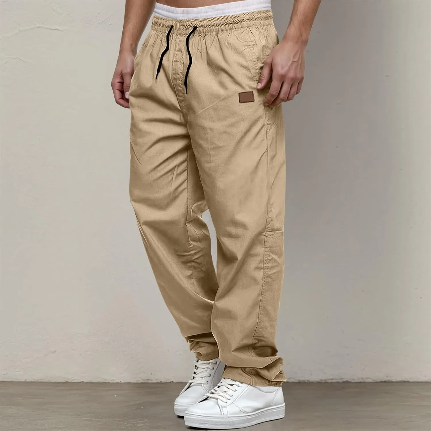 Mens Drawstring Casual Cargo Pants Elastic Waisted Straight Relaxed Fit Sweatpants Lightweight Classic Joggers wiht Pockets
