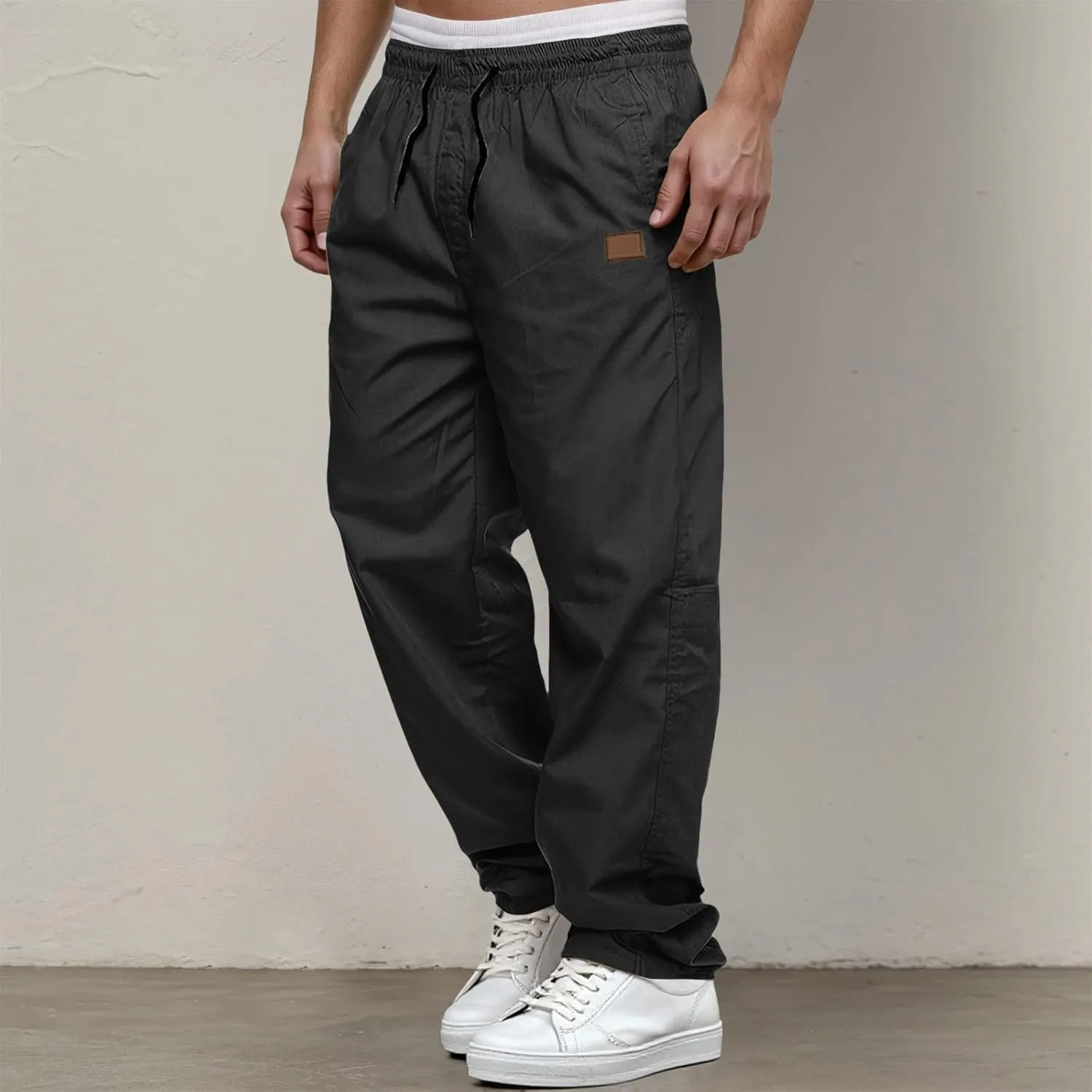 Mens Drawstring Casual Cargo Pants Elastic Waisted Straight Relaxed Fit Sweatpants Lightweight Classic Joggers wiht Pockets