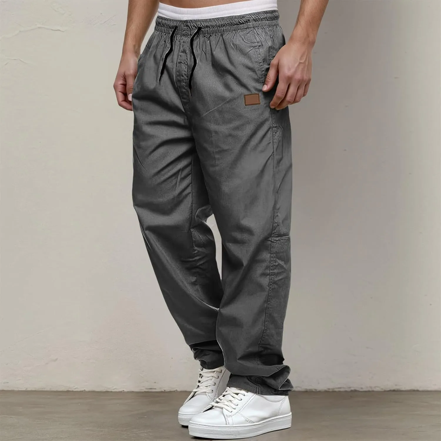 Mens Drawstring Casual Cargo Pants Elastic Waisted Straight Relaxed Fit Sweatpants Lightweight Classic Joggers wiht Pockets