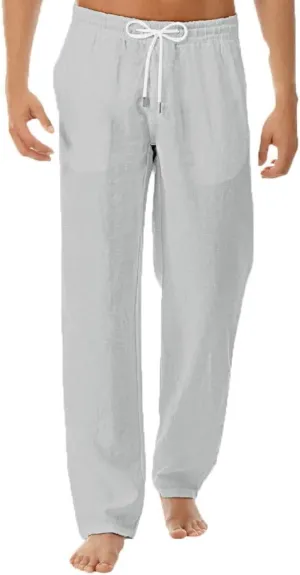 Men's Drawstring Linen Pants Casual 2025 Fall Solid Color Basic Casual Pants Soft Comfy Elastic Loose Fit Trousers
