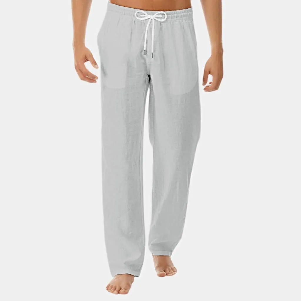 Men's Drawstring Linen Pants Casual 2025 Fall Solid Color Basic Casual Pants Soft Comfy Elastic Loose Fit Trousers