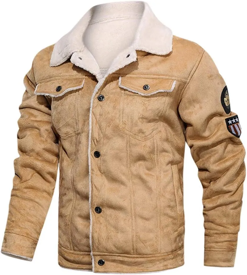 Mens Faux Shearling Rancher Bomber Jacket Sheepskin Leather Warm Duffle Trench Coat Warm Wool Lined Mountain Faux Jackets