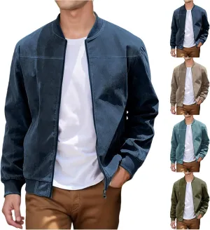 Mens Faux Suede Bomber Jacket Lightweight Casual Coat Windbreak Zip Up Flight Outerwear with Pockets for Spring Fall
