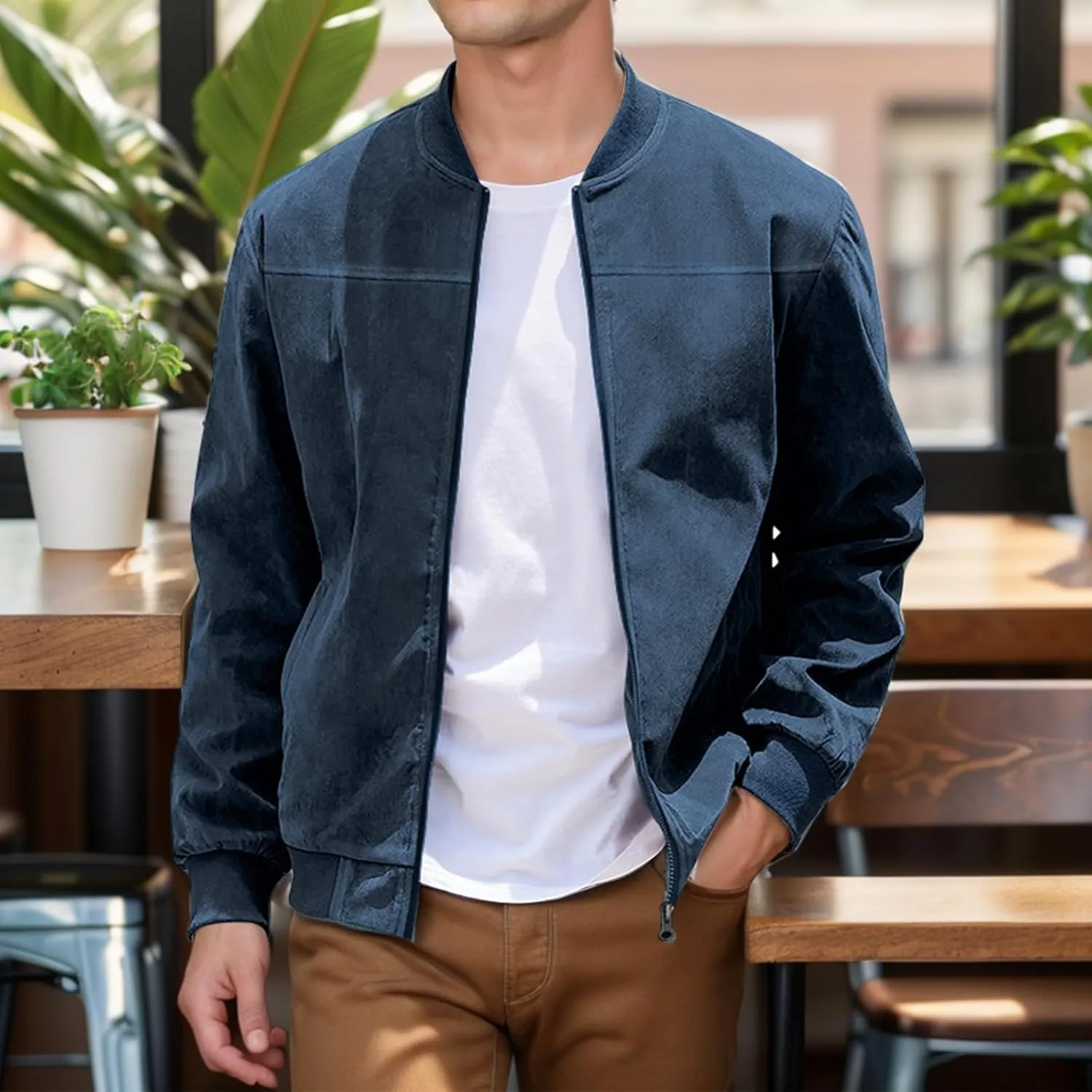 Mens Faux Suede Bomber Jacket Lightweight Casual Coat Windbreak Zip Up Flight Outerwear with Pockets for Spring Fall
