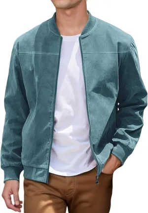 Mens Faux Suede Bomber Jacket Lightweight Casual Coat Windbreak Zip Up Flight Outerwear with Pockets for Spring Fall