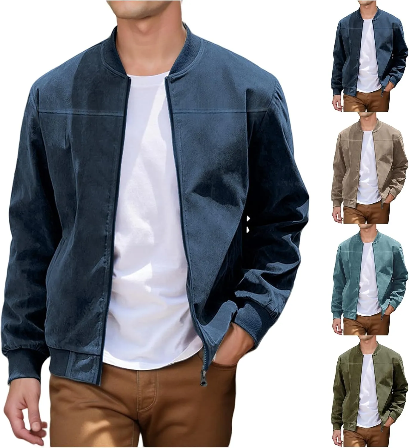 Mens Faux Suede Bomber Jacket Lightweight Casual Coat Windbreak Zip Up Flight Outerwear with Pockets for Spring Fall