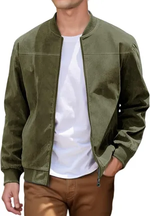 Mens Faux Suede Bomber Jacket Lightweight Casual Coat Windbreak Zip Up Flight Outerwear with Pockets for Spring Fall