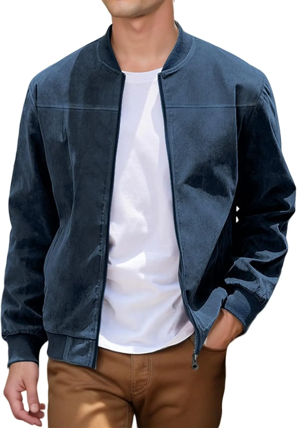 Mens Faux Suede Bomber Jacket Lightweight Casual Coat Windbreak Zip Up Flight Outerwear with Pockets for Spring Fall