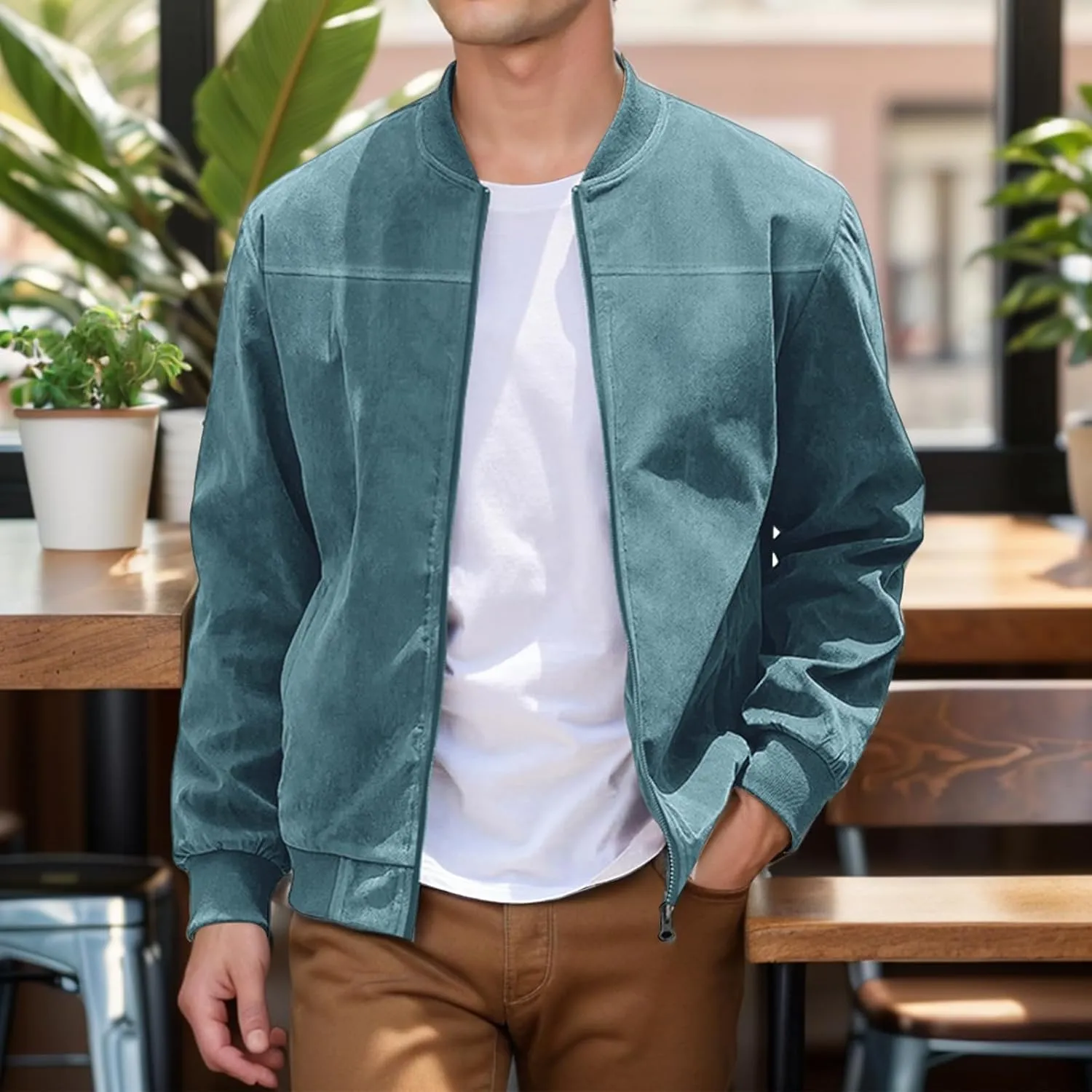 Mens Faux Suede Bomber Jacket Lightweight Casual Coat Windbreak Zip Up Flight Outerwear with Pockets for Spring Fall