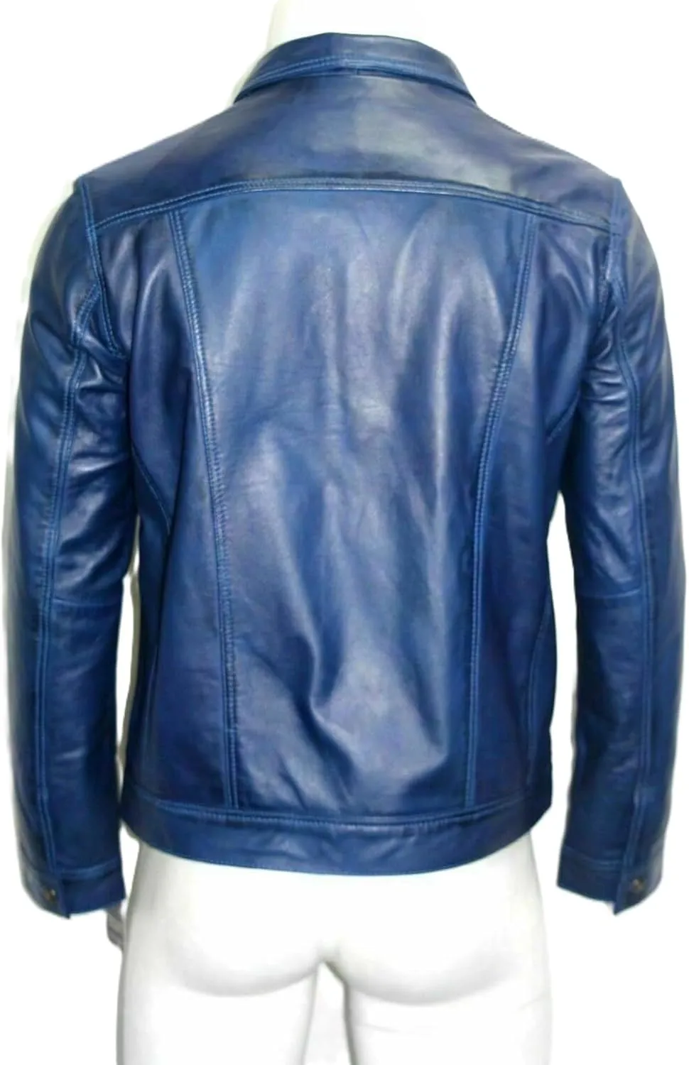 Men's Genuine Lambskin Leather Trucker Jacket Blue Biker Denim Style Jean Button Shirt