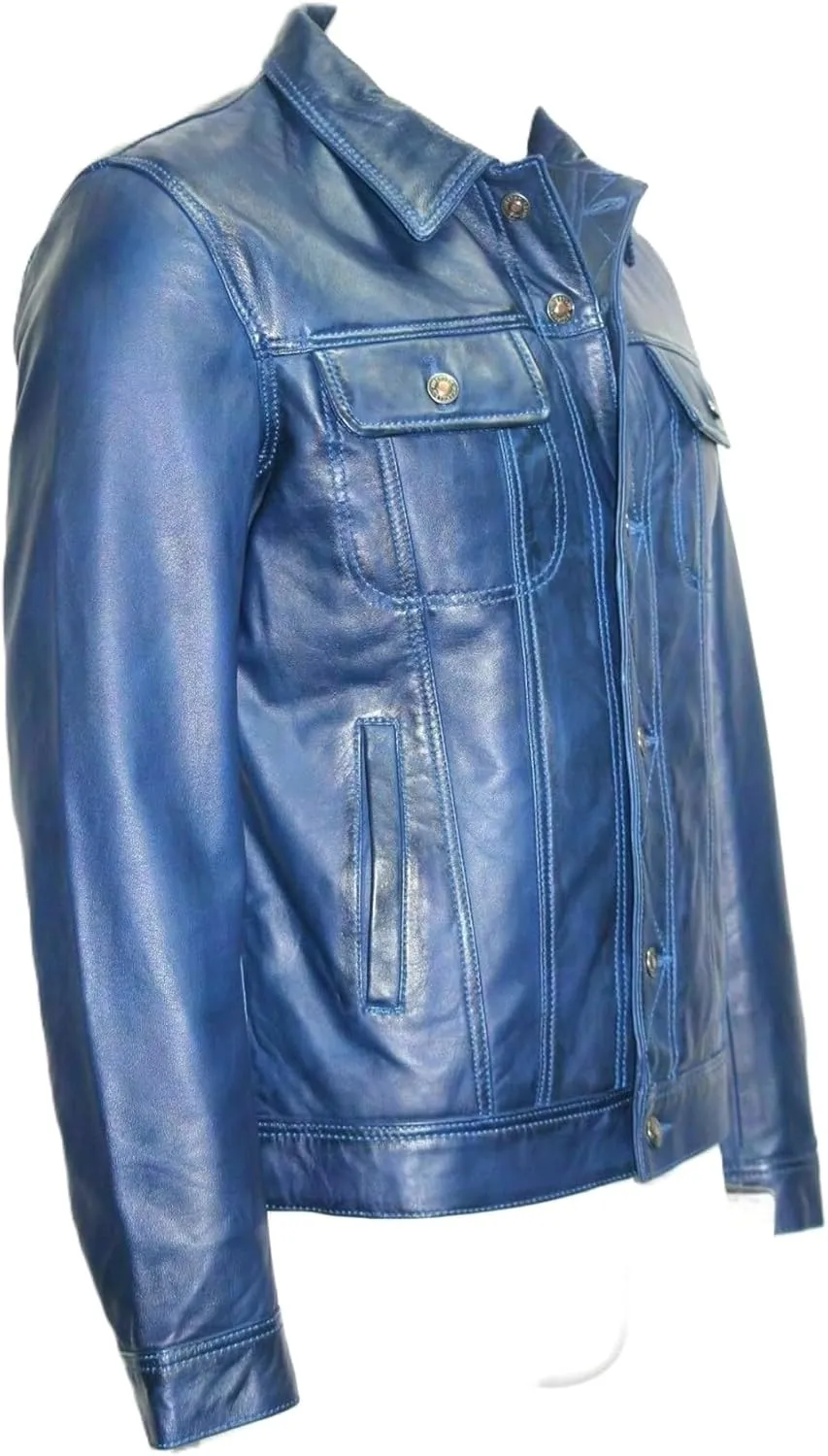 Men's Genuine Lambskin Leather Trucker Jacket Blue Biker Denim Style Jean Button Shirt