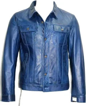 Men's Genuine Lambskin Leather Trucker Jacket Blue Biker Denim Style Jean Button Shirt