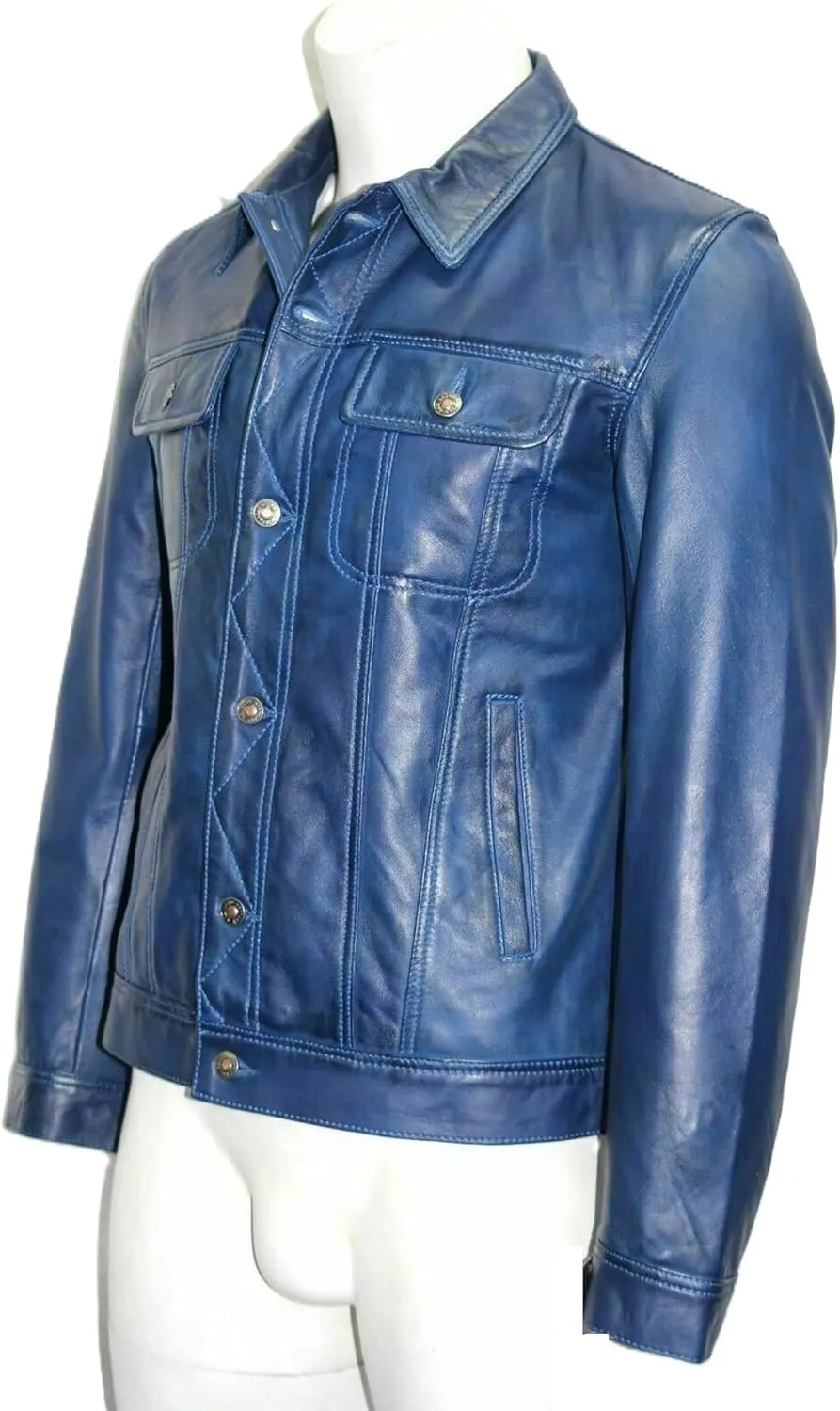 Men's Genuine Lambskin Leather Trucker Jacket Blue Biker Denim Style Jean Button Shirt