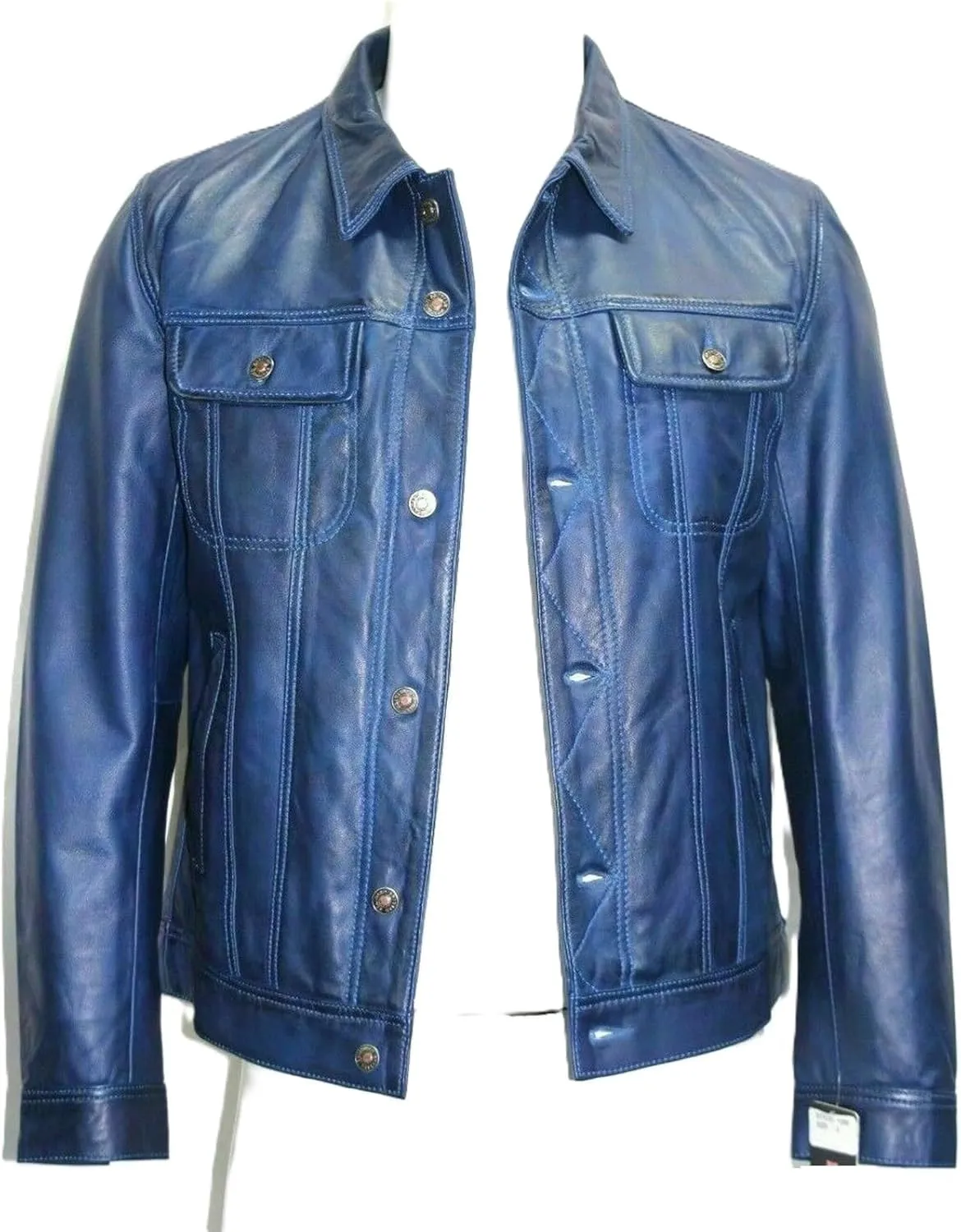 Men's Genuine Lambskin Leather Trucker Jacket Blue Biker Denim Style Jean Button Shirt