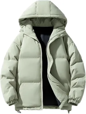 Men's Hooded Stand Collar Thick Cotton-Padded Vintage Warm Solid Color Zipper Parka Coat