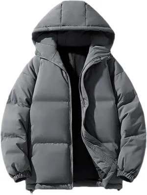 Men's Hooded Stand Collar Thick Cotton-Padded Vintage Warm Solid Color Zipper Parka Coat