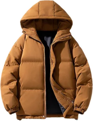 Men's Hooded Stand Collar Thick Cotton-Padded Vintage Warm Solid Color Zipper Parka Coat