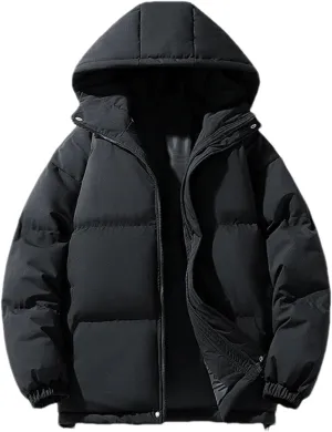 Men's Hooded Stand Collar Thick Cotton-Padded Vintage Warm Solid Color Zipper Parka Coat