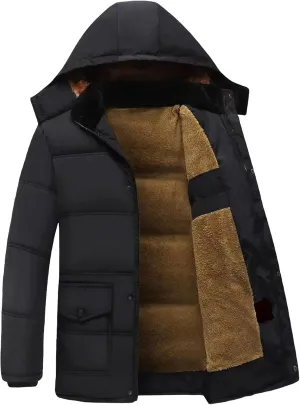 Men's Hooded Winter Coat Fleece Lined Warm Puffer Jacket Windproof Thicken Cotton Parka Padded Coat