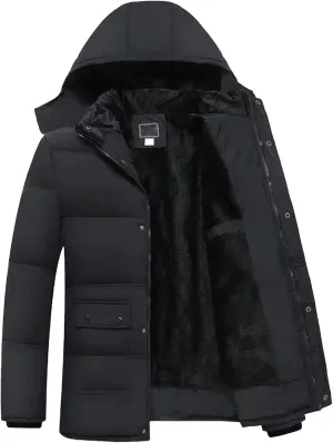 Men's Hooded Winter Coat Fleece Lined Warm Puffer Jacket Windproof Thicken Cotton Parka Padded Coat