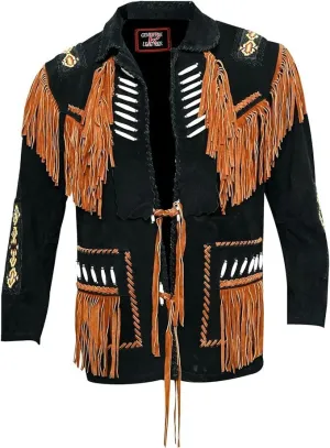 Mens Leather Buckskin Mountain Man Reenactment Suede Leather Native American Red Indian Fringes Beaded Jackets Warshirt