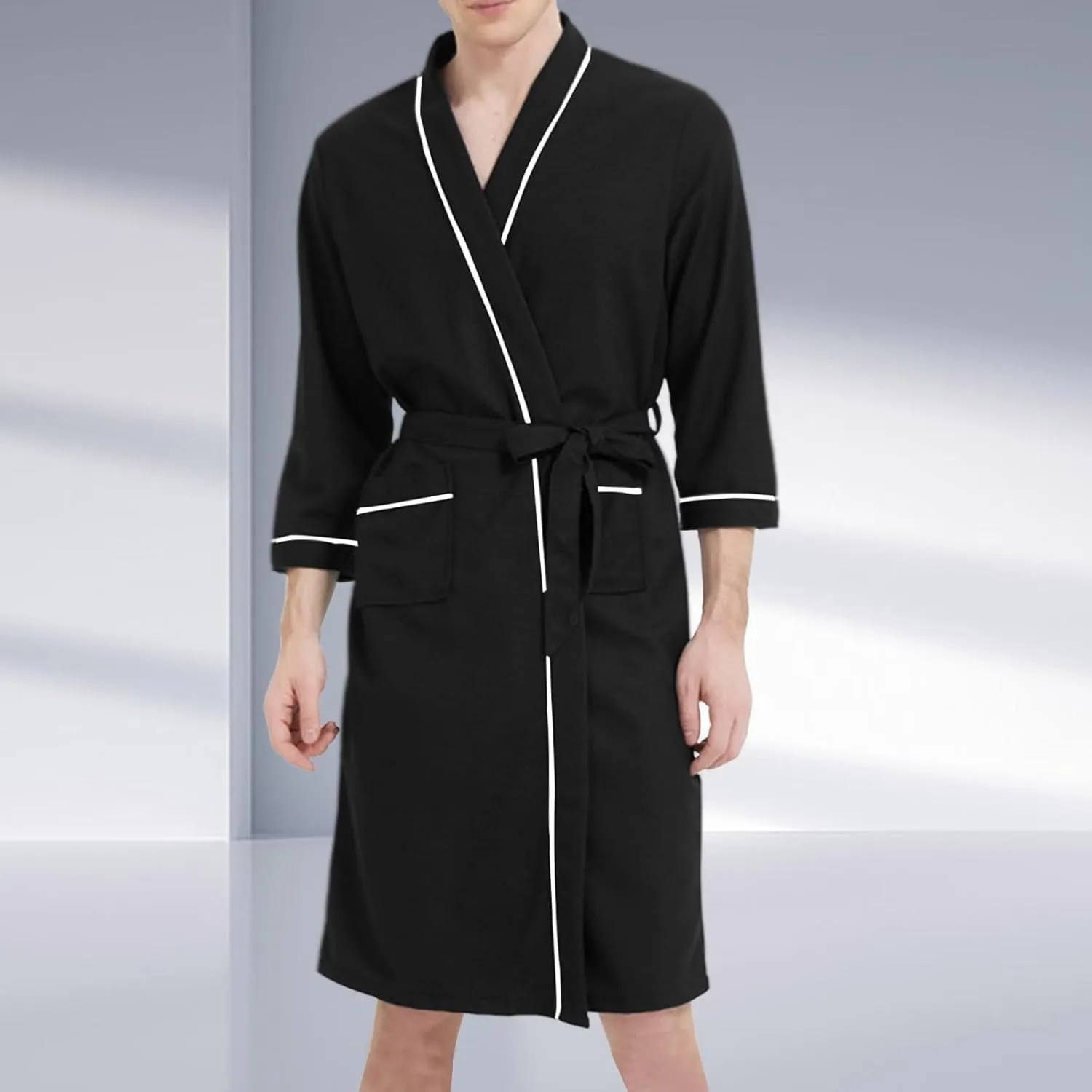 Mens Lightweight Spa Soft Knee Length Bathrobe With Pockets Checke Pajama Pants Men's Pajamas