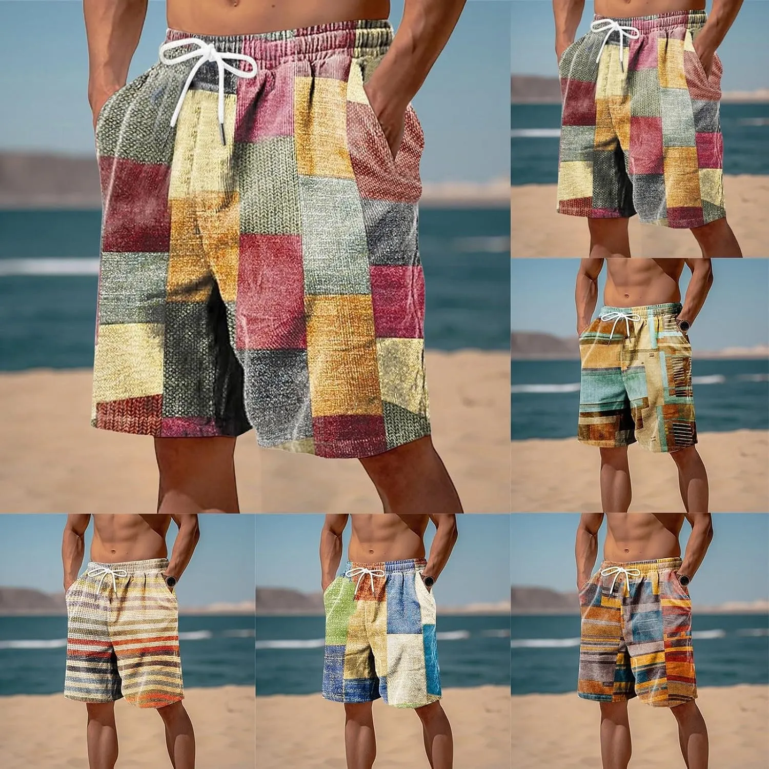 Mens Linen Cotton Gingham Shorts Lightweight Summer Plaid Beach Wear Big and Tall Casual Workout Board shorts