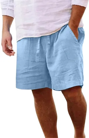 Men's Linen Shorts Casual Elastic Waist Drawstring Bermuda Pants Summer Beach Vacation Yoga Golf Shorts with Pockets