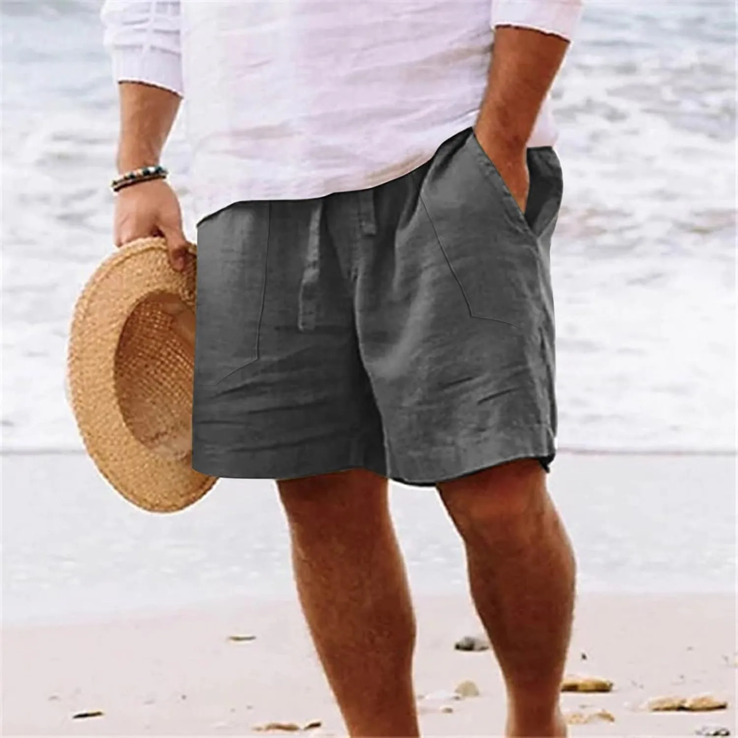 Men's Linen Shorts Casual Elastic Waist Drawstring Bermuda Pants Summer Beach Vacation Yoga Golf Shorts with Pockets