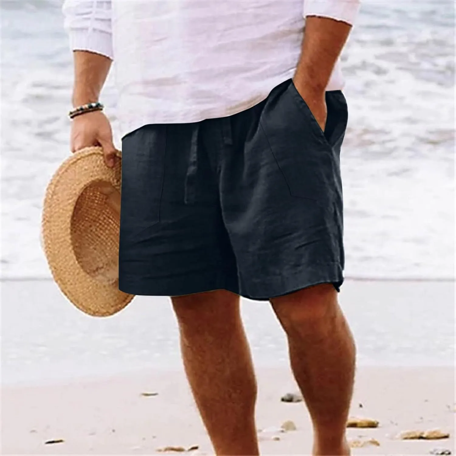 Men's Linen Shorts Casual Elastic Waist Drawstring Bermuda Pants Summer Beach Vacation Yoga Golf Shorts with Pockets