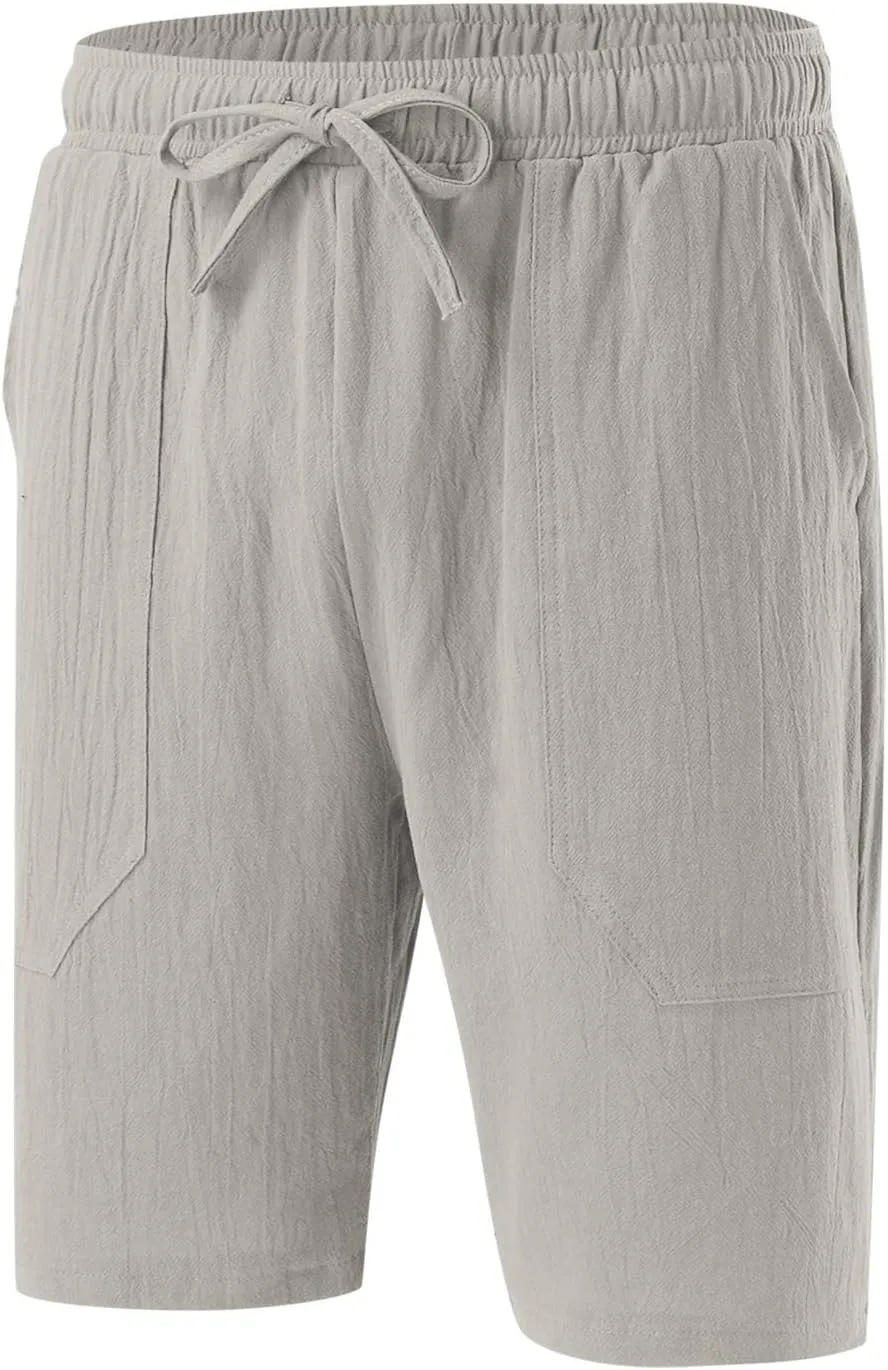 Men's Linen Shorts Casual Elastic Waist Drawstring Bermuda Pants Summer Beach Vacation Yoga Golf Shorts with Pockets