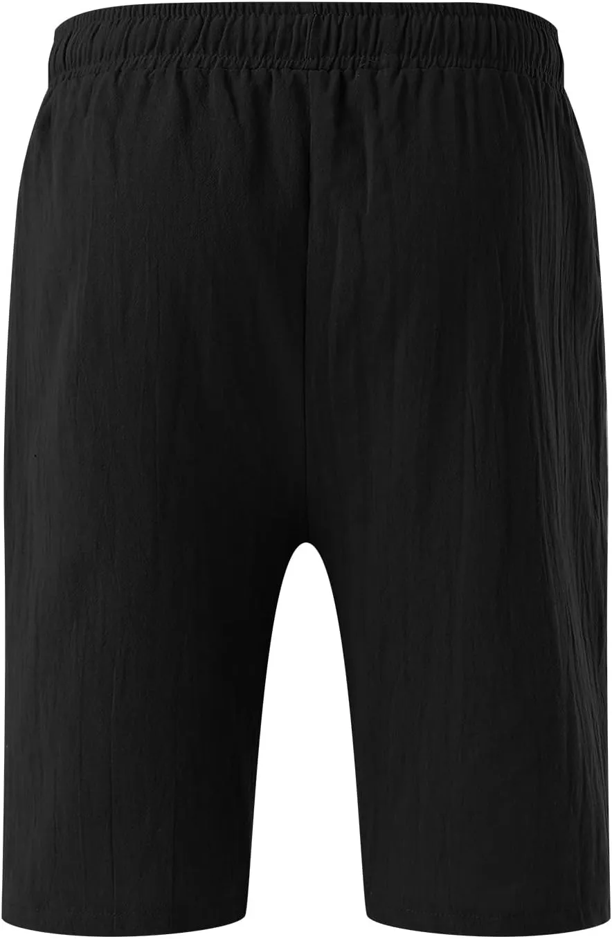 Men's Linen Shorts Casual Elastic Waist Drawstring Bermuda Pants Summer Beach Vacation Yoga Golf Shorts with Pockets