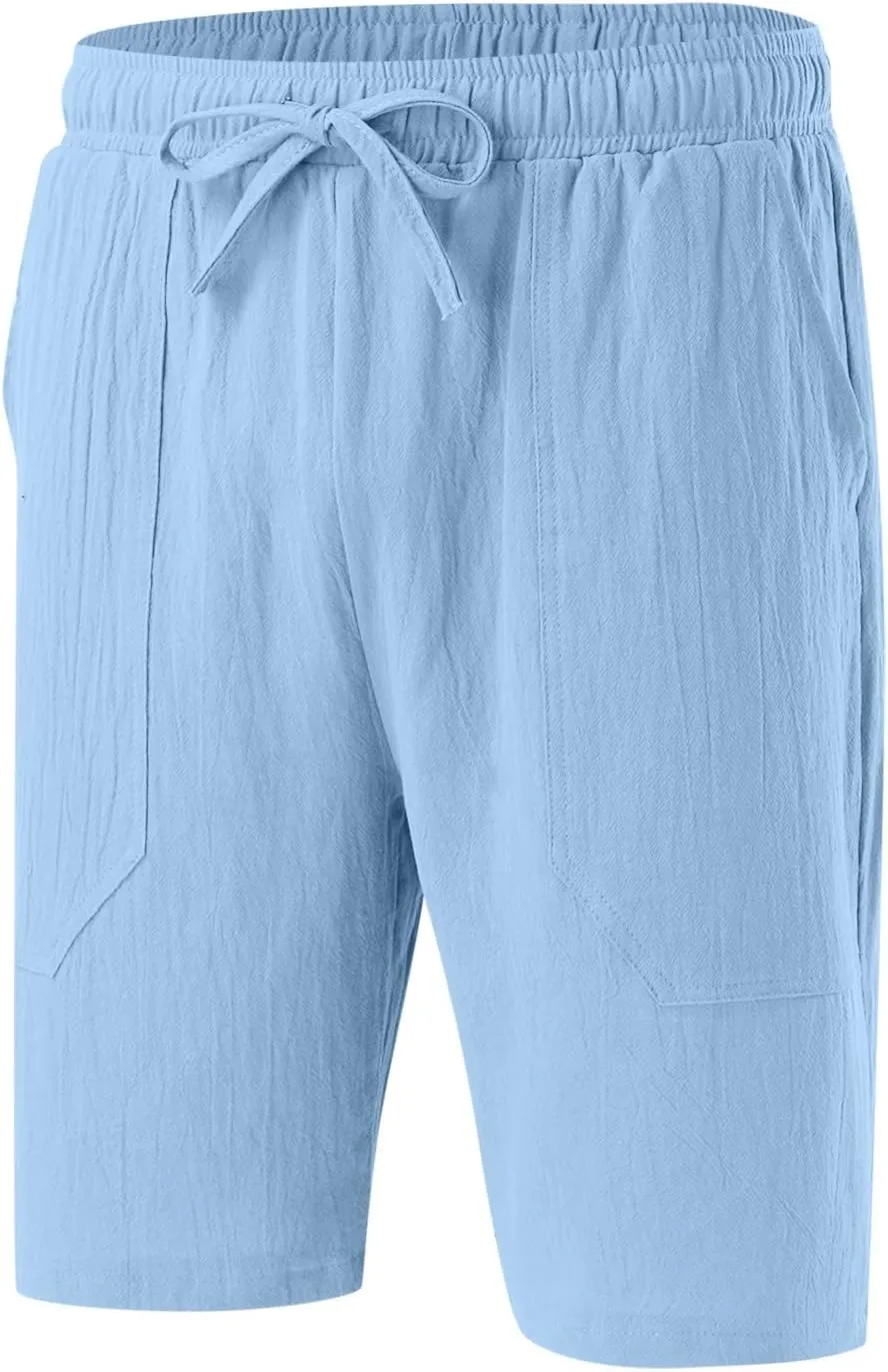 Men's Linen Shorts Casual Elastic Waist Drawstring Bermuda Pants Summer Beach Vacation Yoga Golf Shorts with Pockets
