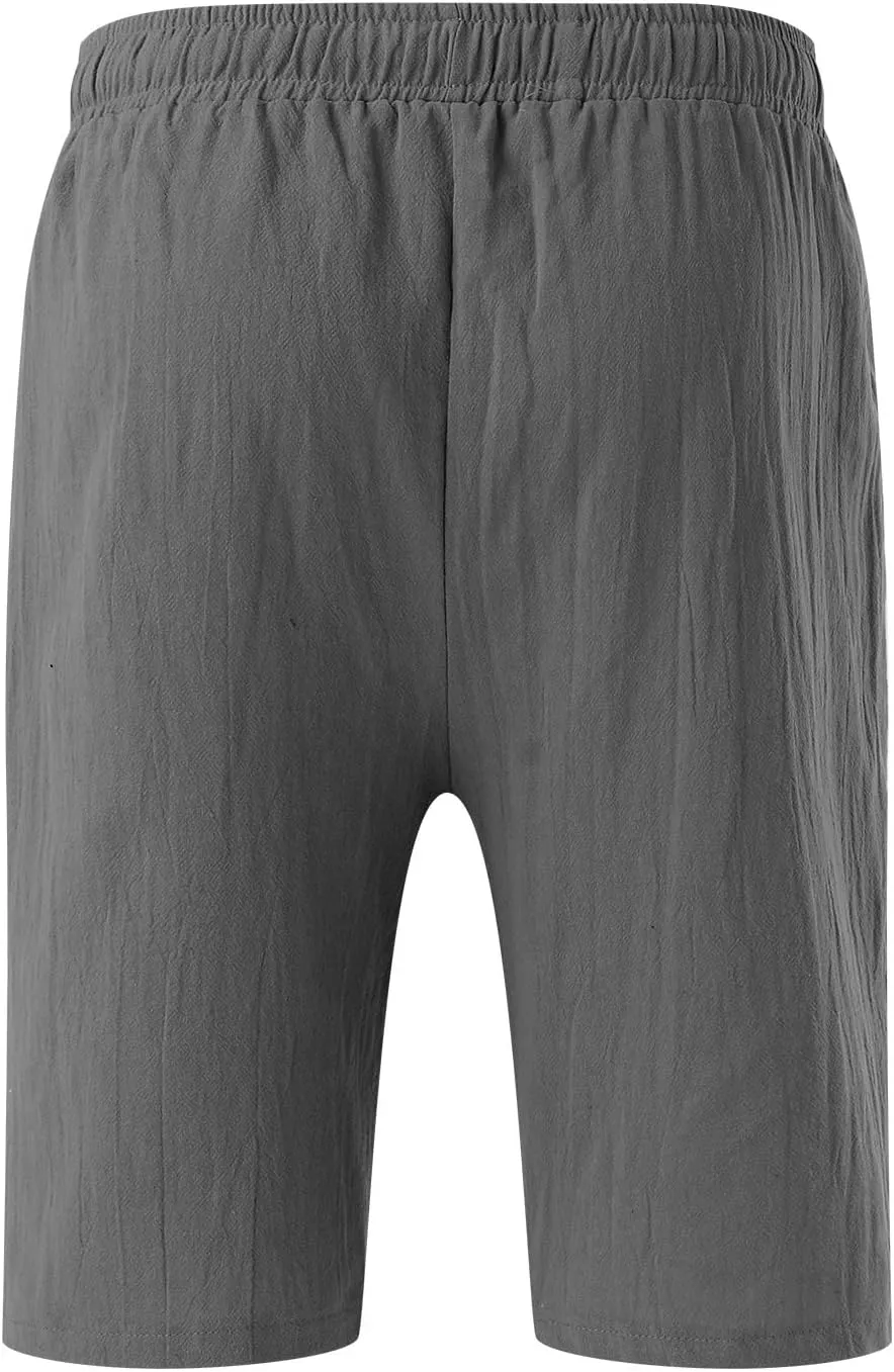 Men's Linen Shorts Casual Elastic Waist Drawstring Bermuda Pants Summer Beach Vacation Yoga Golf Shorts with Pockets