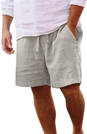 Men's Linen Shorts Casual Elastic Waist Drawstring Bermuda Pants Summer Beach Vacation Yoga Golf Shorts with Pockets