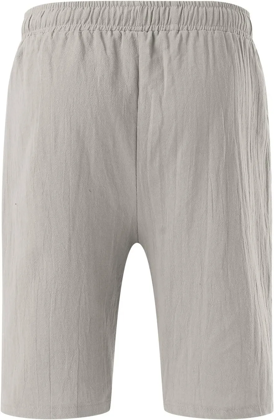 Men's Linen Shorts Casual Elastic Waist Drawstring Bermuda Pants Summer Beach Vacation Yoga Golf Shorts with Pockets
