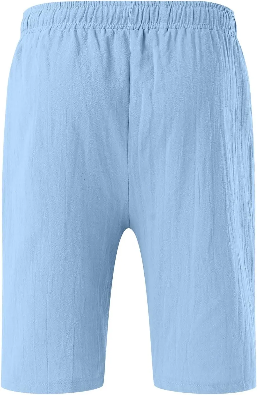 Men's Linen Shorts Casual Elastic Waist Drawstring Bermuda Pants Summer Beach Vacation Yoga Golf Shorts with Pockets