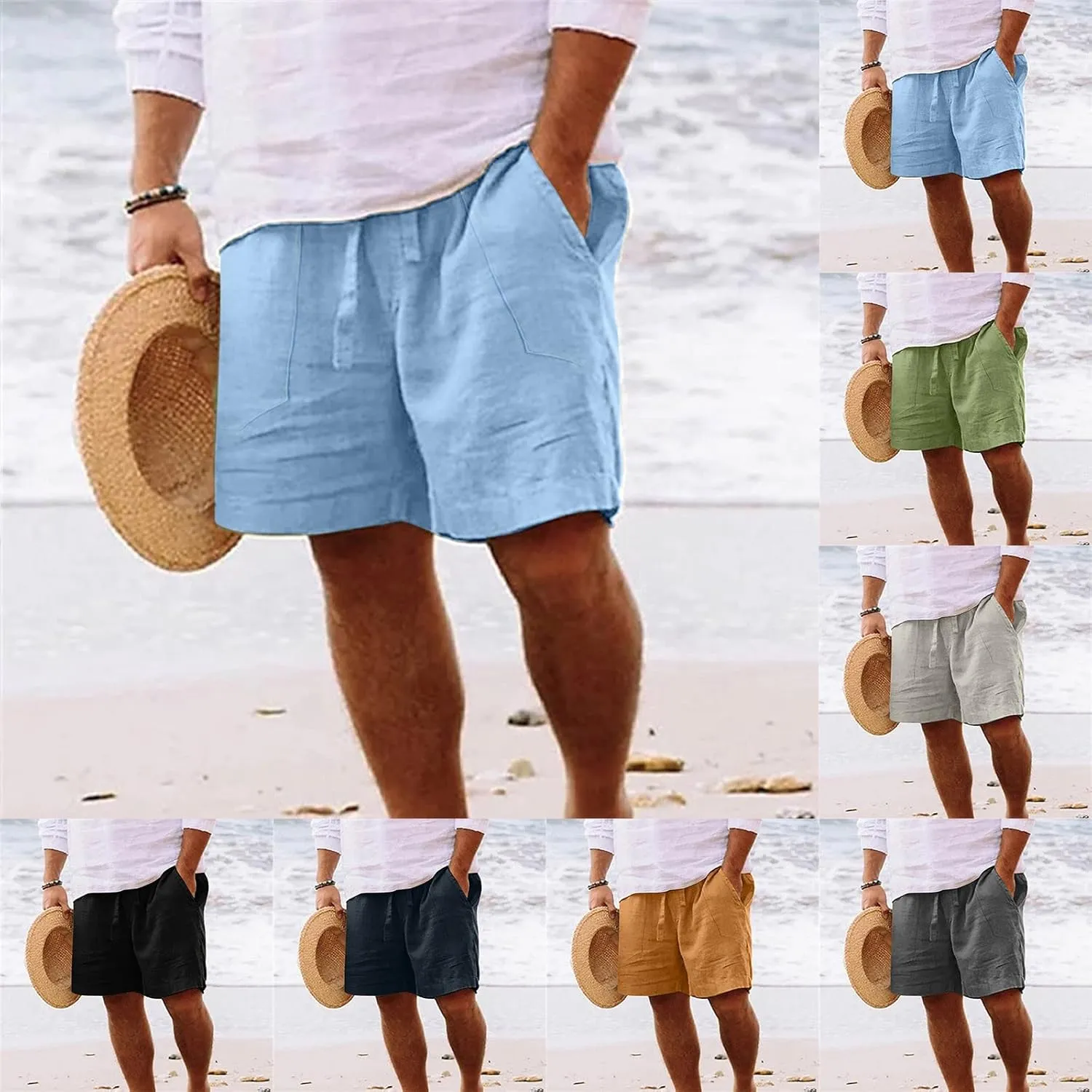 Men's Linen Shorts Casual Elastic Waist Drawstring Bermuda Pants Summer Beach Vacation Yoga Golf Shorts with Pockets