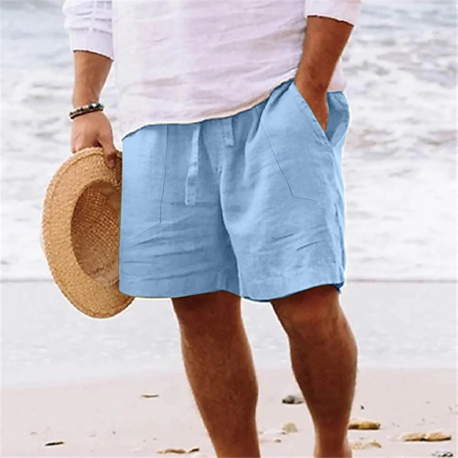Men's Linen Shorts Casual Elastic Waist Drawstring Bermuda Pants Summer Beach Vacation Yoga Golf Shorts with Pockets