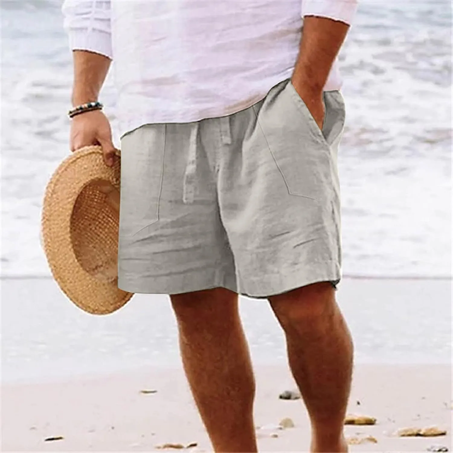 Men's Linen Shorts Casual Elastic Waist Drawstring Bermuda Pants Summer Beach Vacation Yoga Golf Shorts with Pockets