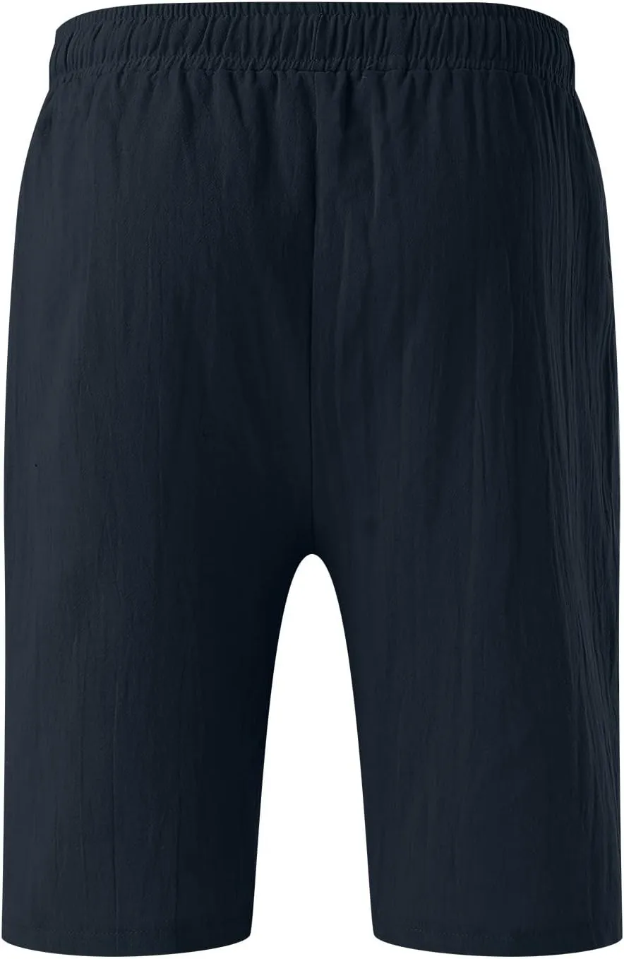 Men's Linen Shorts Casual Elastic Waist Drawstring Bermuda Pants Summer Beach Vacation Yoga Golf Shorts with Pockets