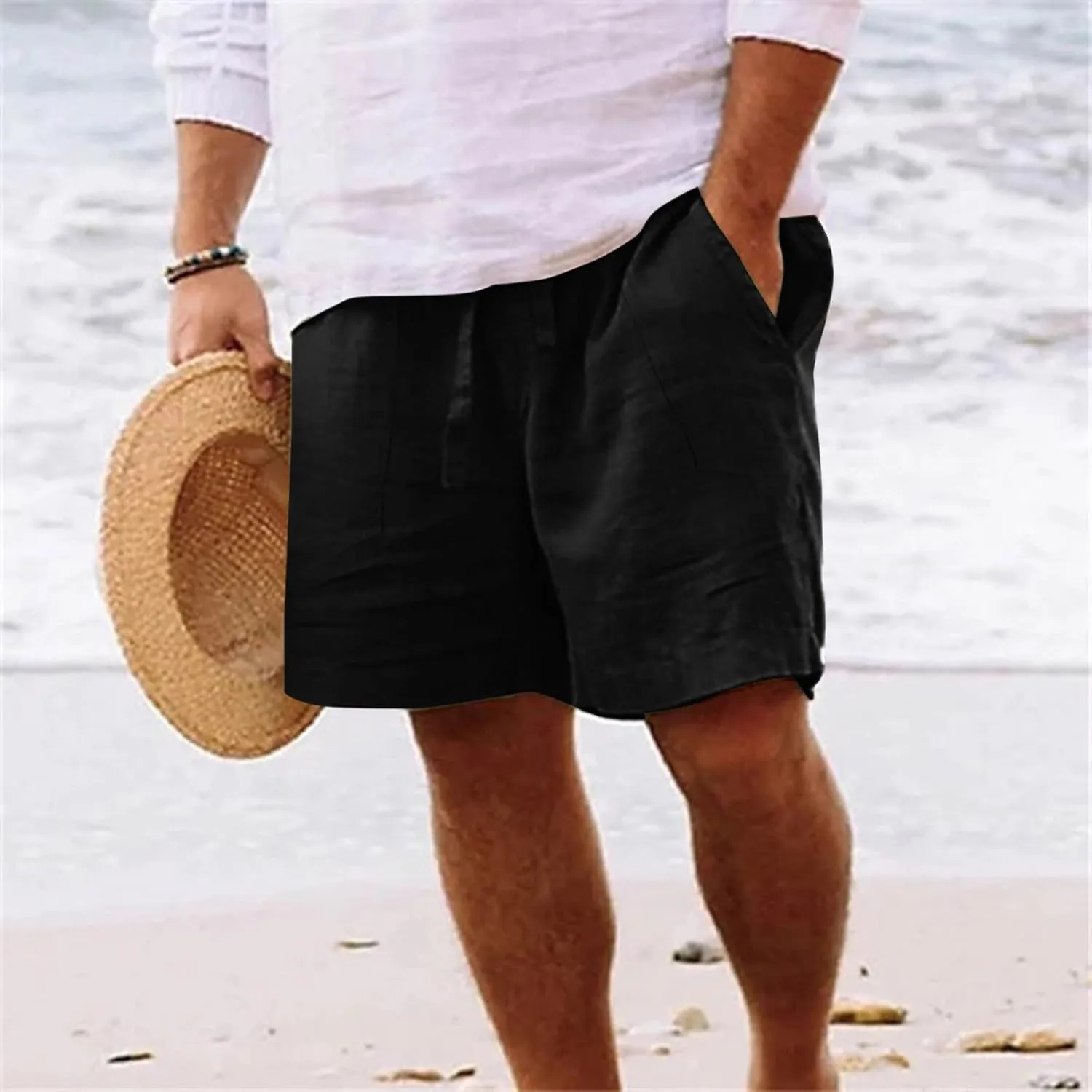 Men's Linen Shorts Casual Elastic Waist Drawstring Bermuda Pants Summer Beach Vacation Yoga Golf Shorts with Pockets