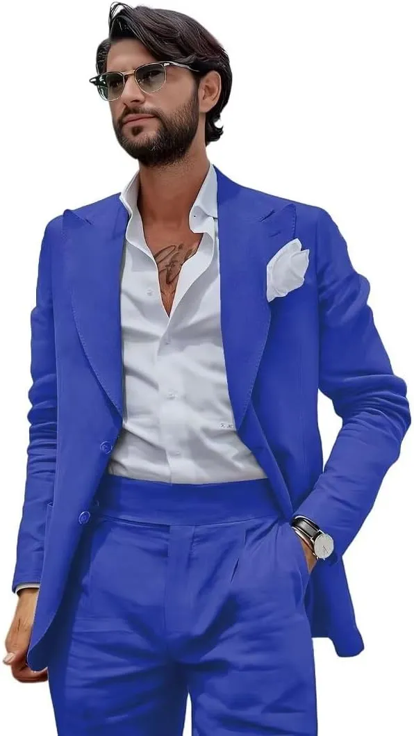 Mens Linen Suit Slim Fit 2 Pieces Beach Wedding Suit Casual Linen Suit for Men Prom Party Linen Suit Set