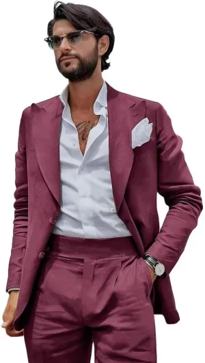 Mens Linen Suit Slim Fit 2 Pieces Beach Wedding Suit Casual Linen Suit for Men Prom Party Linen Suit Set