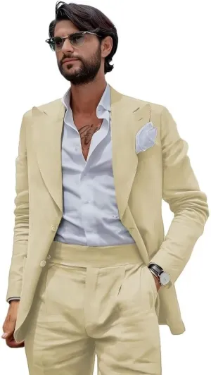Mens Linen Suit Slim Fit 2 Pieces Beach Wedding Suit Casual Linen Suit for Men Prom Party Linen Suit Set