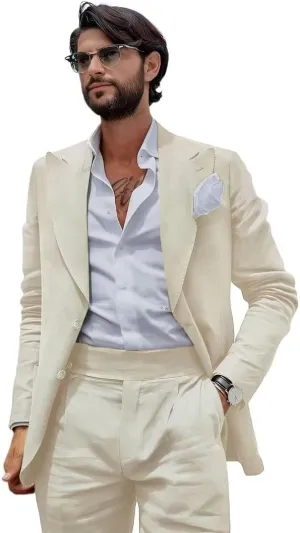 Mens Linen Suit Slim Fit 2 Pieces Beach Wedding Suit Casual Linen Suit for Men Prom Party Linen Suit Set