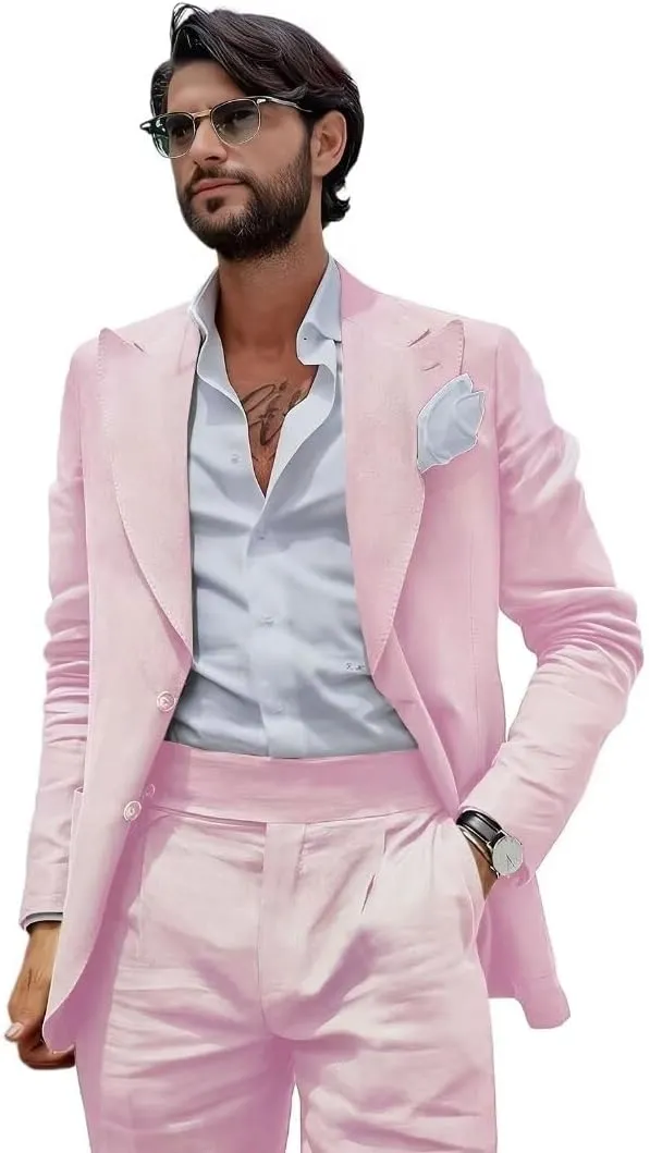 Mens Linen Suit Slim Fit 2 Pieces Beach Wedding Suit Casual Linen Suit for Men Prom Party Linen Suit Set