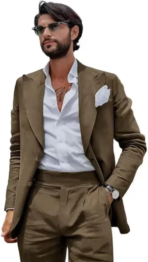 Mens Linen Suit Slim Fit 2 Pieces Beach Wedding Suit Casual Linen Suit for Men Prom Party Linen Suit Set