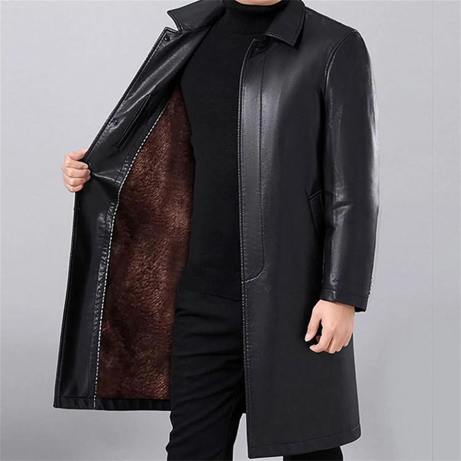Mens Long Warm Leather Coat Winter Thicken Bomber PU Jacket Button Style Motorcycle Leathers Coats