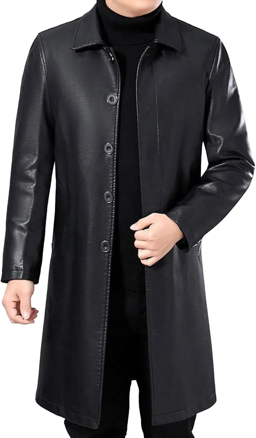 Mens Long Warm Leather Coat Winter Thicken Bomber PU Jacket Button Style Motorcycle Leathers Coats